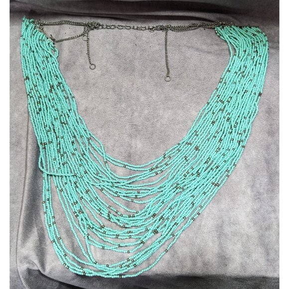 Multilayer Turquoise And Silver Tone Glass Beaded Necklace - Picture 6 of 6